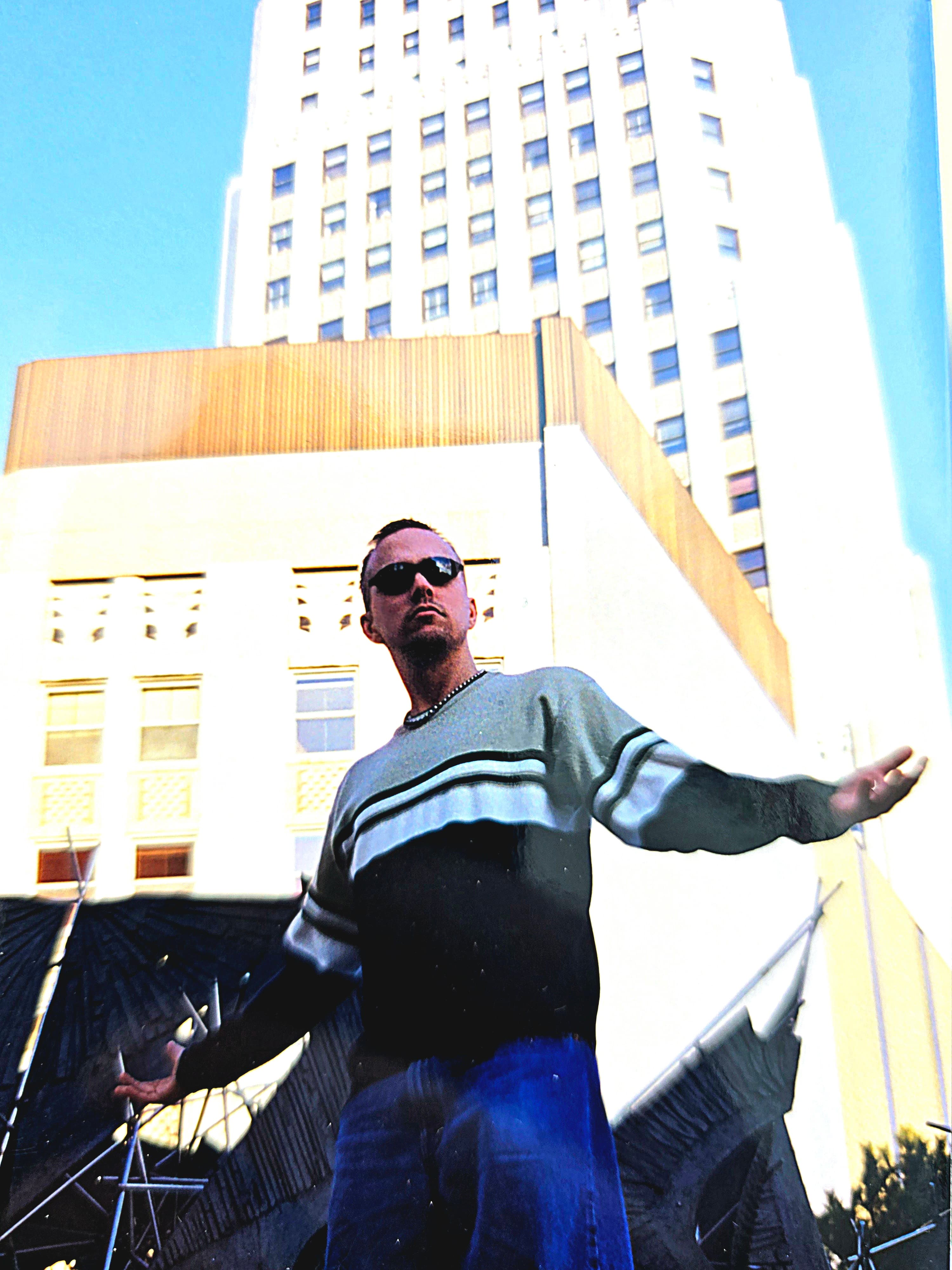 Kene Bell photographed from a low angle in downtown Akron around 1998
