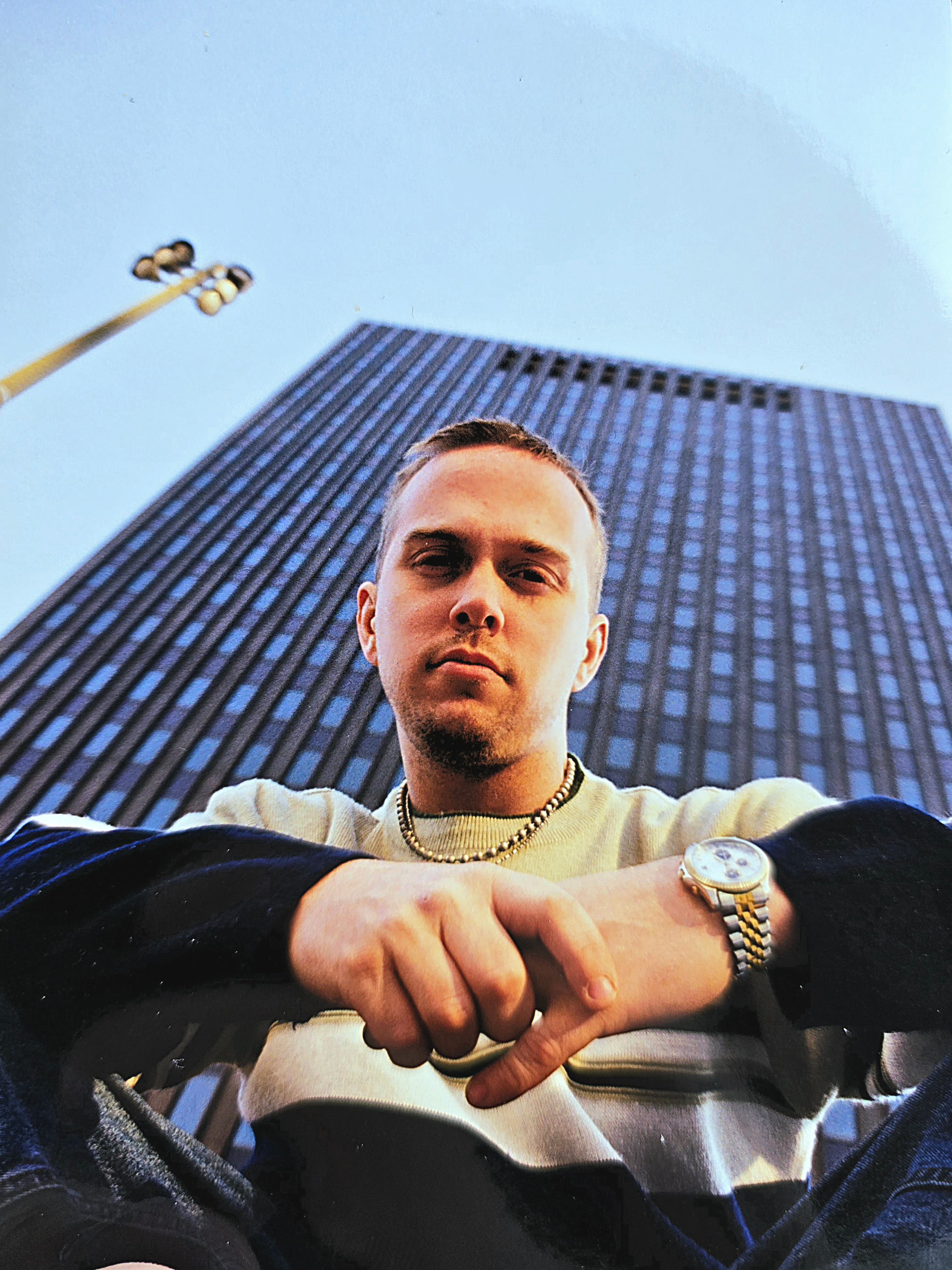 Kene Bell posed against a downtown Akron high-rise around 1998