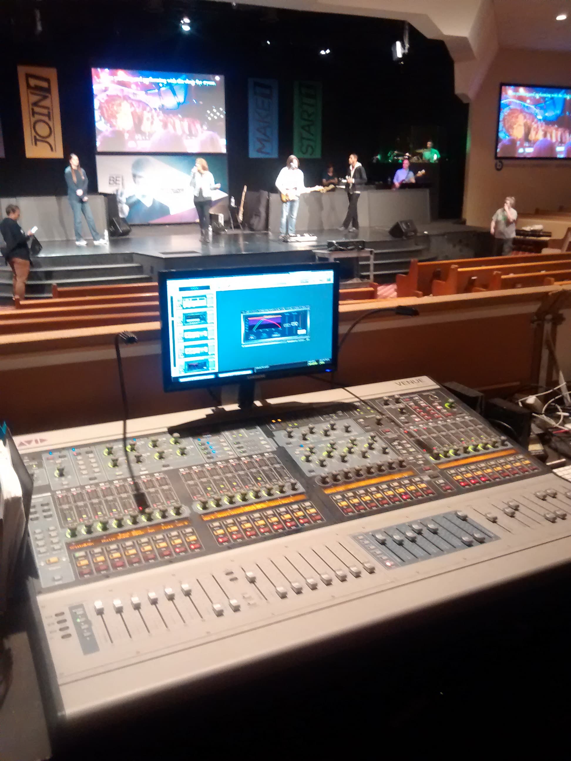 Bethel World Outreach Church stage viewed from Kene Bell's live sound console