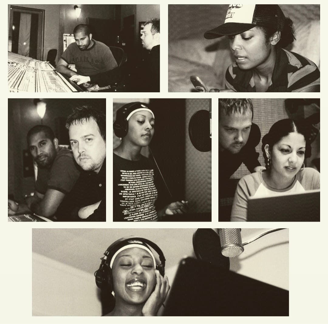 Black-and-white contact sheet of Kene Bell working with artists in recording sessions