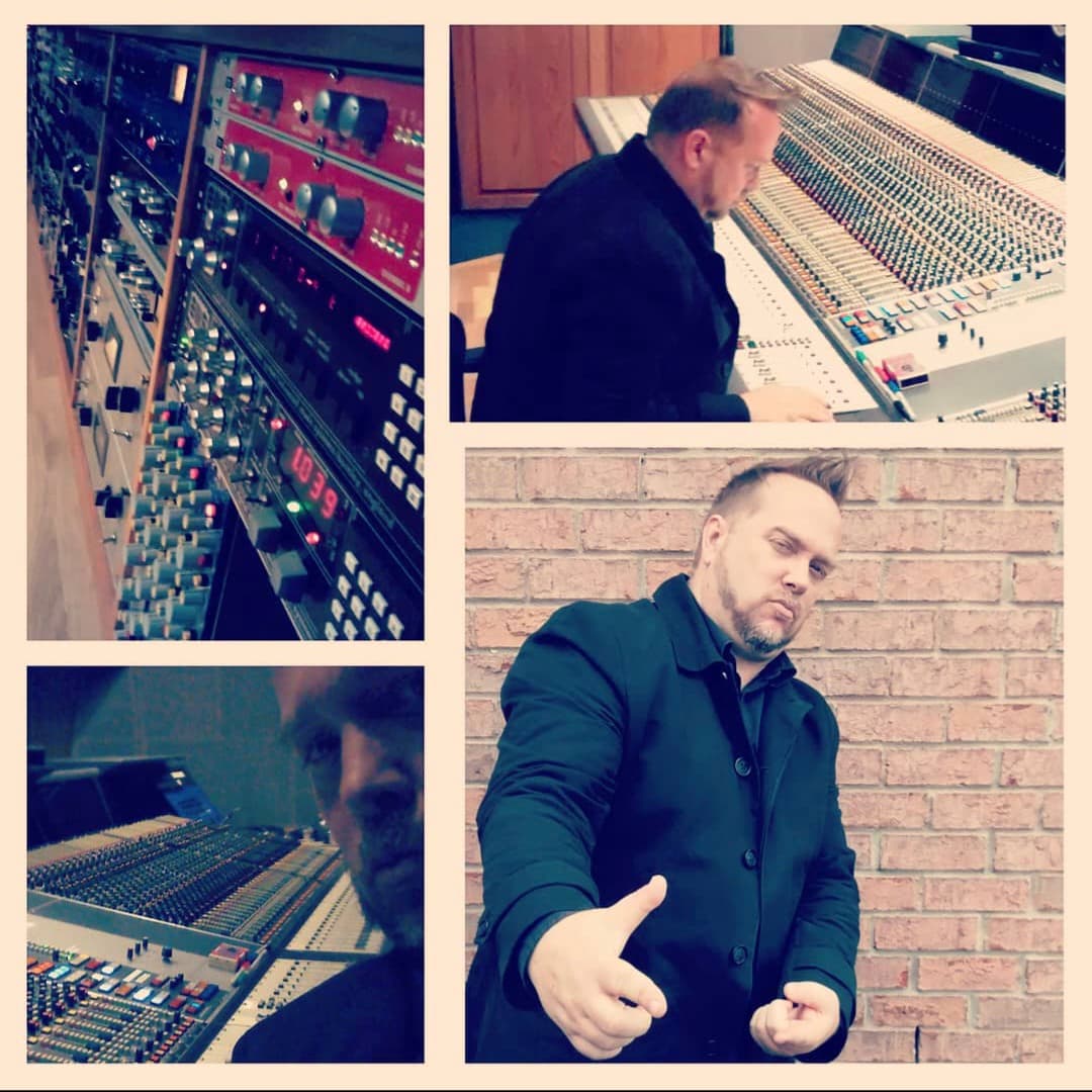 Editorial collage of studio consoles, production environments, and producer portraits