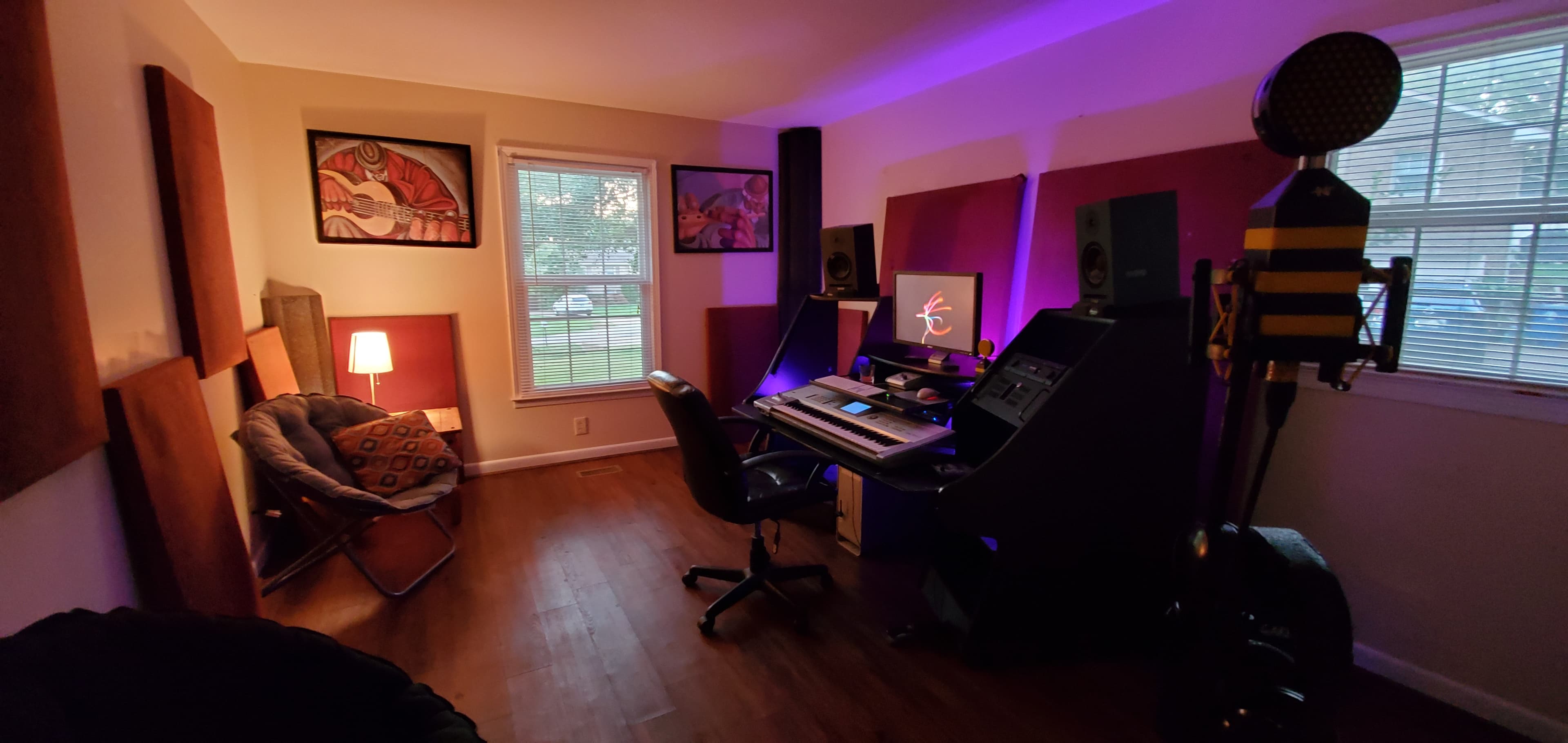Wide view of the current Ghostown Studios home base in purple ambient light