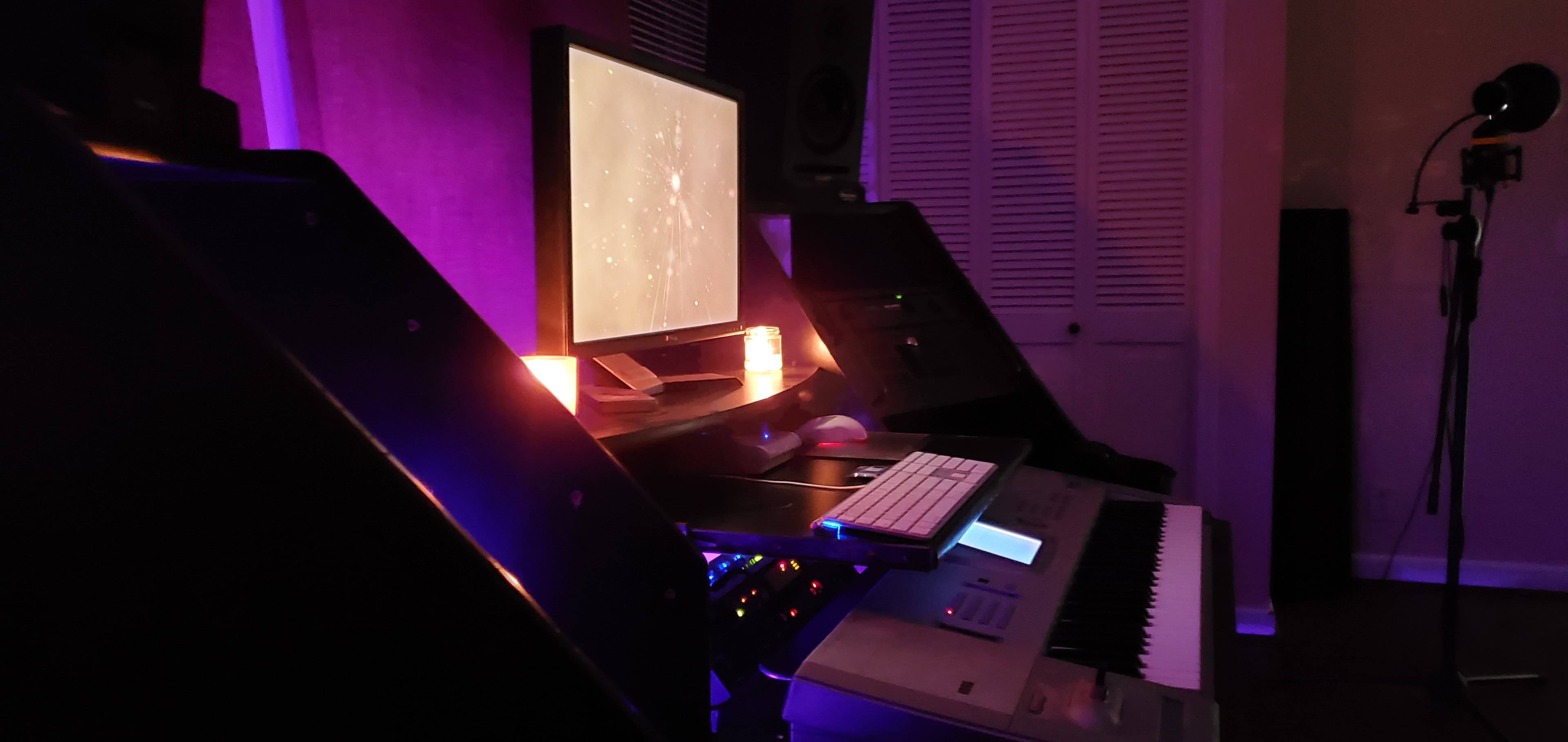 Angled view across the current Ghostown Studios workstation and keyboard