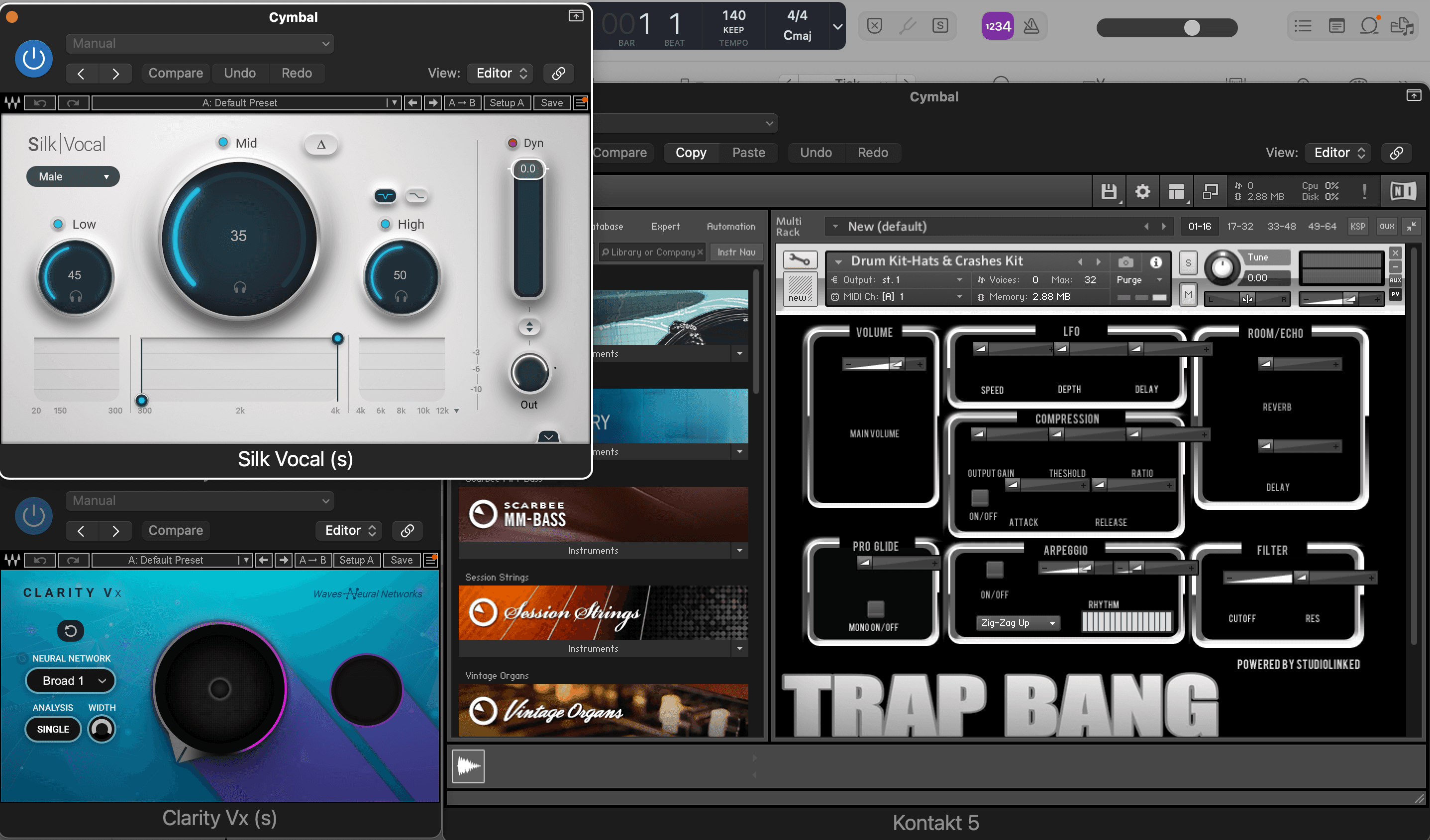 Kontakt 5 instrument window with Silk Vocal and Clarity Vx vocal processing plugins