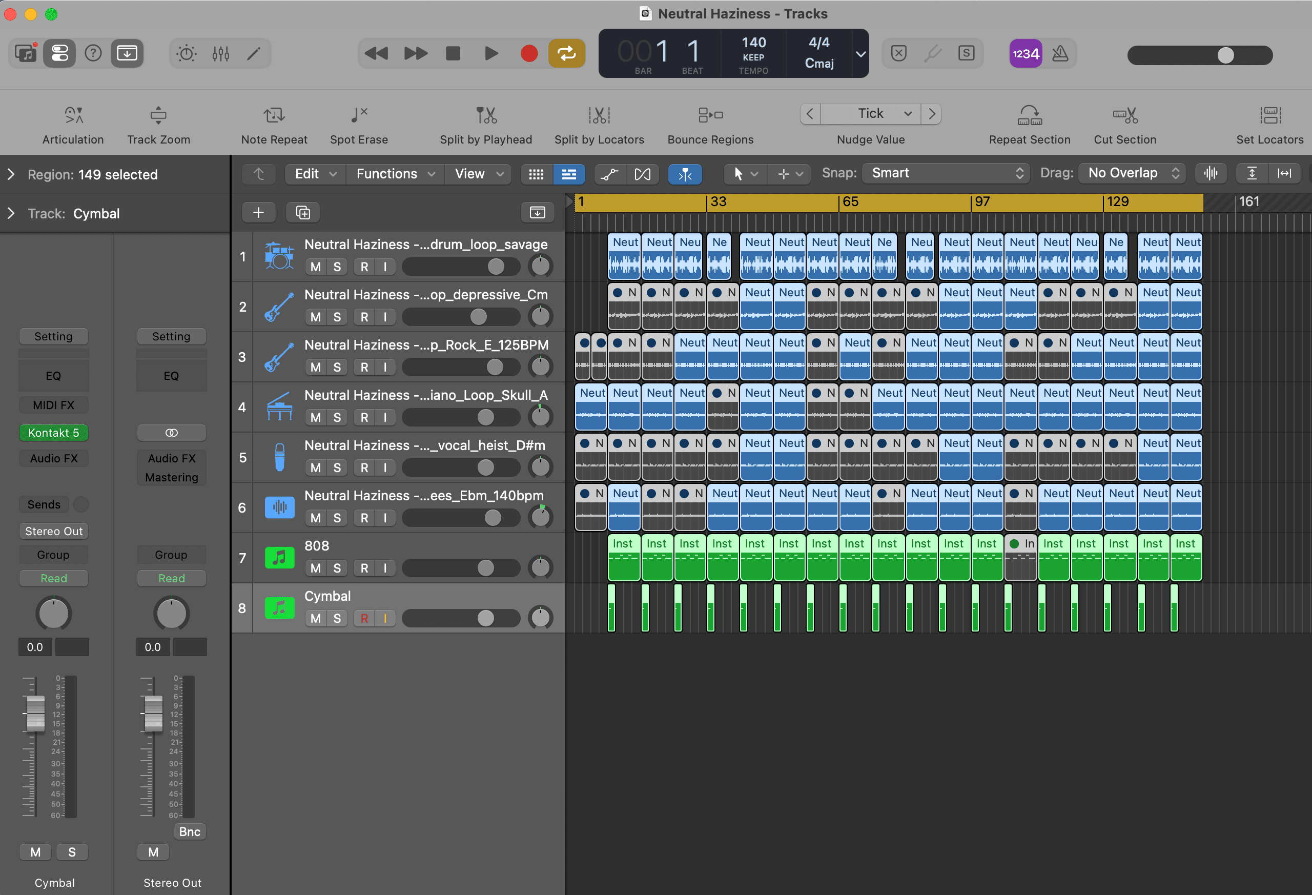 Logic Pro arrangement for Neutral Haziness showing layered audio and instrument regions
