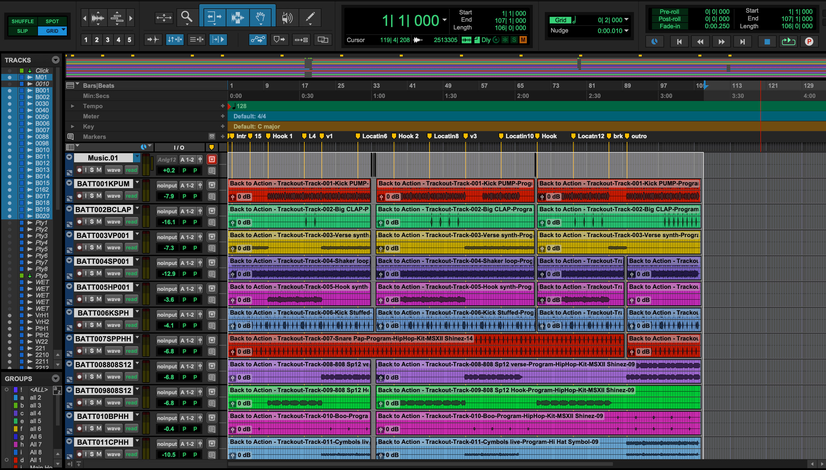 Pro Tools Edit window showing color-coded audio regions arranged across a multitrack timeline