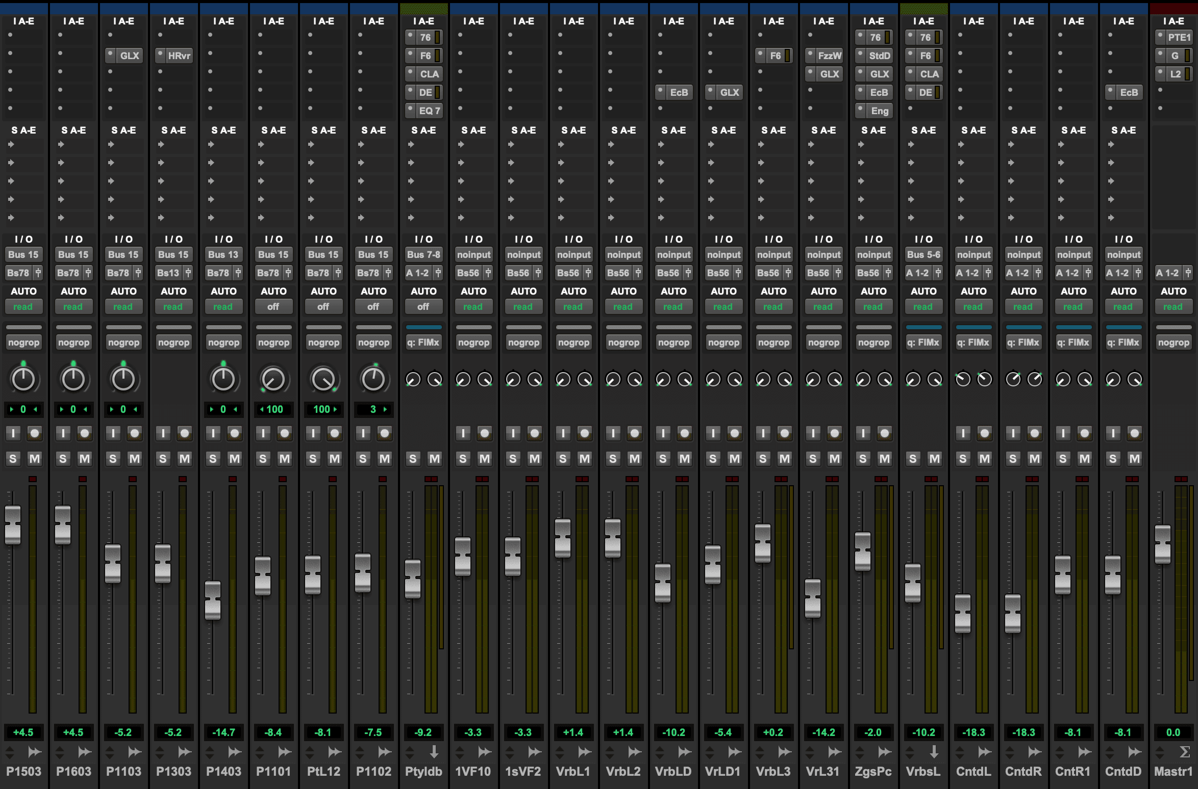 Pro Tools Mixer window showing channel strips, inserts, routing, meters, and fader positions