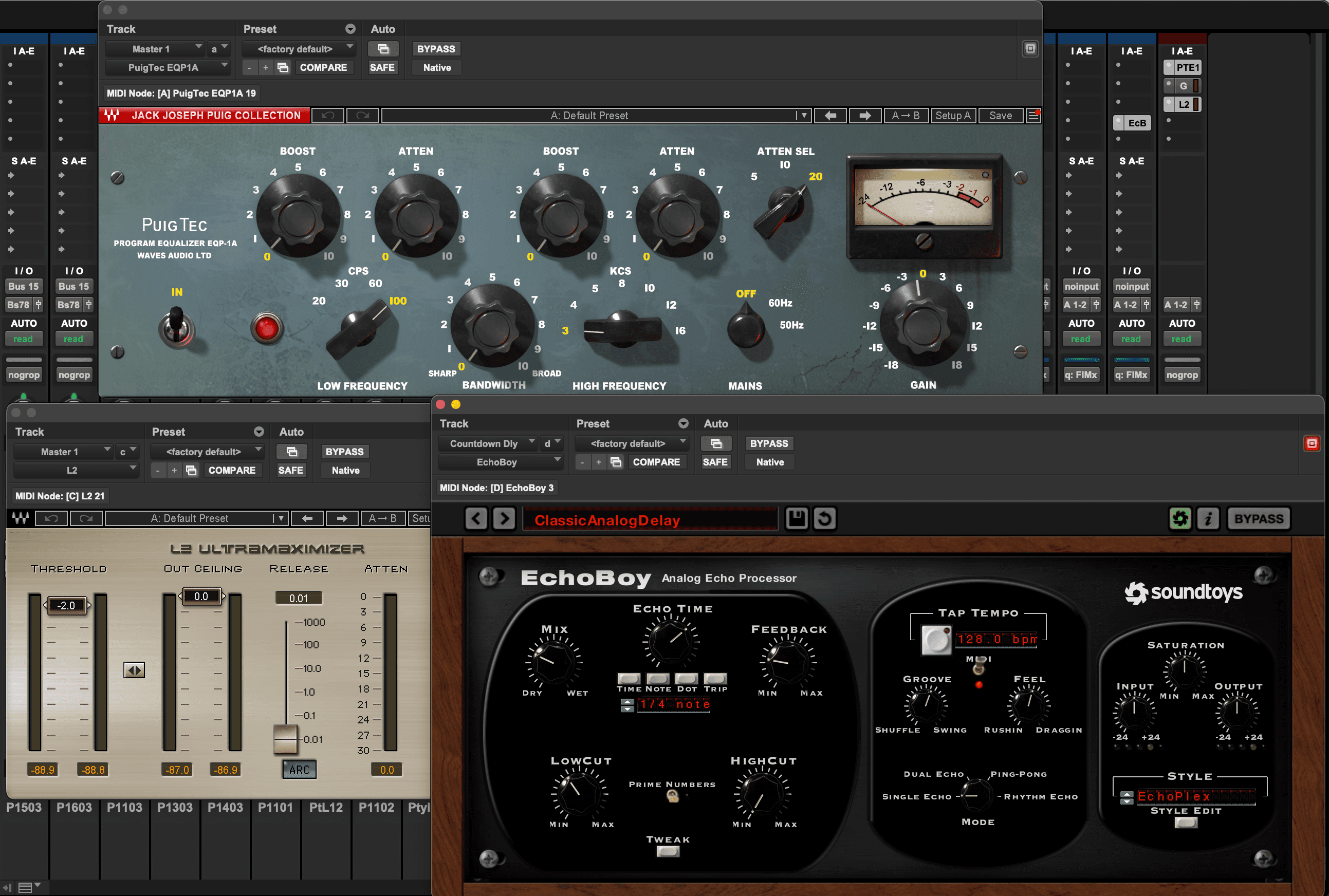 Pro Tools plugin chain showing PuigTec EQP1A, L2 Ultramaximizer, and EchoBoy processing windows